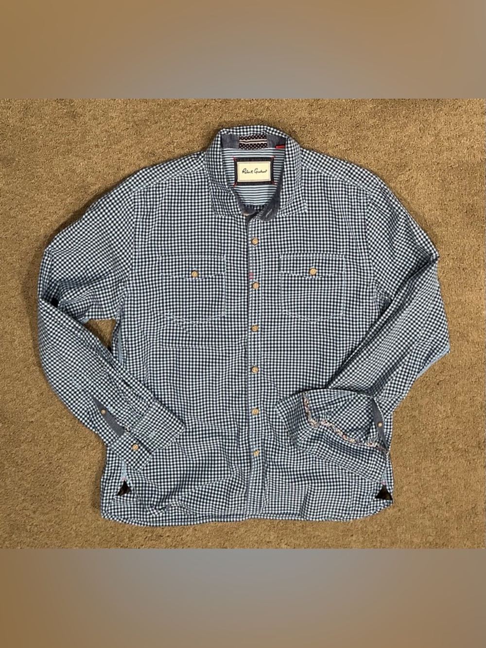 Robert Graham Shirt Mens Large Navy Gingham Short Sleeve Button